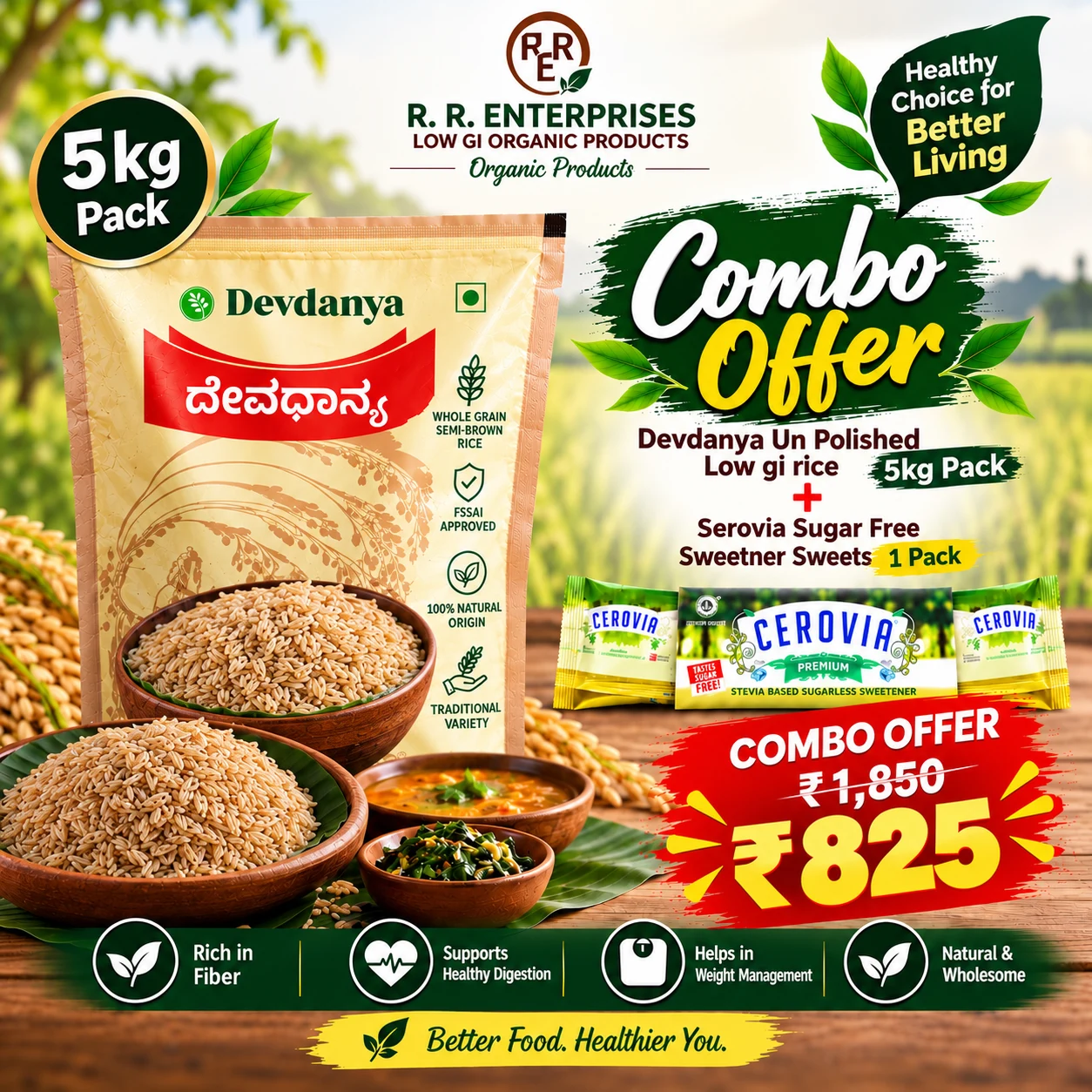Combo Offer: Devdanya Semi-Brown Rice (5kg) + Cerovia Sachets